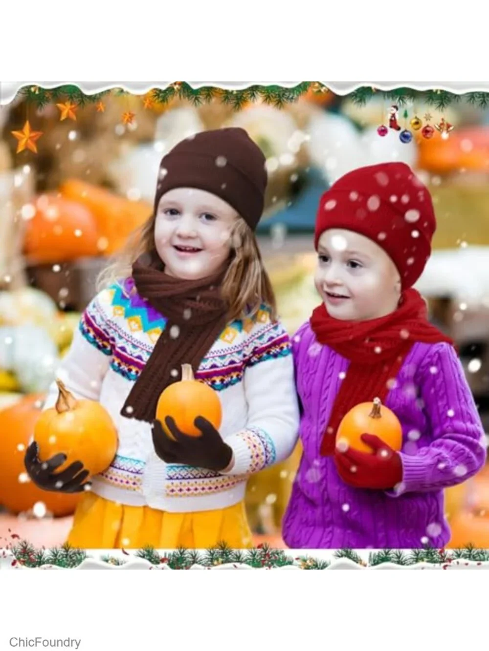 Kids Winter Beanie Scarf Gloves Set - Acrylic Fiber Knitted Cold Weather